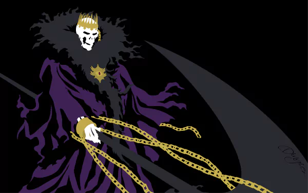 4K Ultra HD anime desktop wallpaper featuring Barragan Louisenbarn from Bleach, depicted with dark robes, golden chains, and a large scythe against a black background.