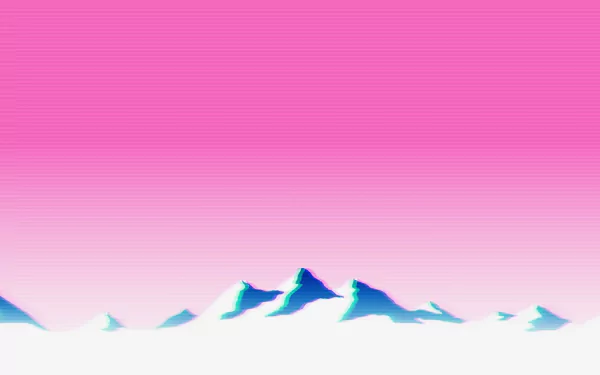 HD vaporwave-style desktop wallpaper featuring pastel pink skies over stylized blue mountain peaks.
