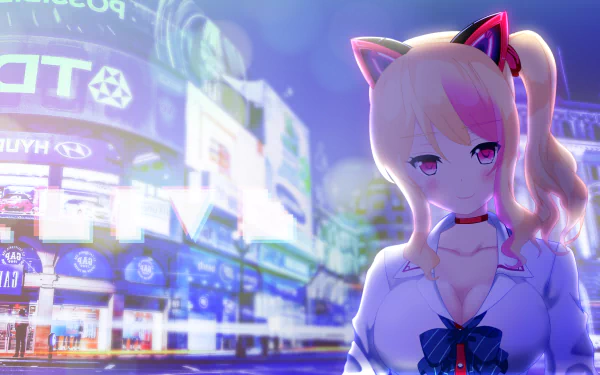 HD PC desktop wallpaper featuring Mochi Nekonoki, an anime-style Virtual YouTuber with cat ears and a vibrant cityscape background.