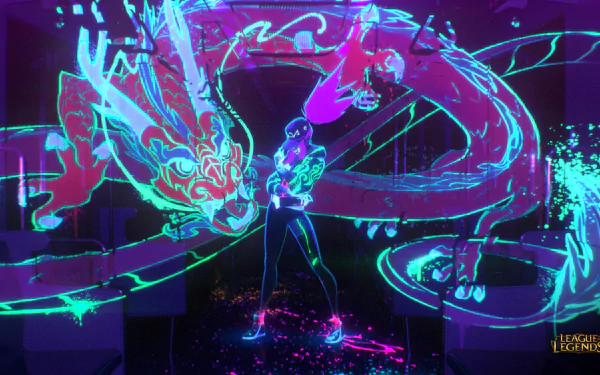 HD desktop wallpaper featuring Akali from League of Legends in a vibrant, neon art style with a dragon, as part of the K/DA video game universe. Akali wears a cap and vest, with the League of Legends logo.