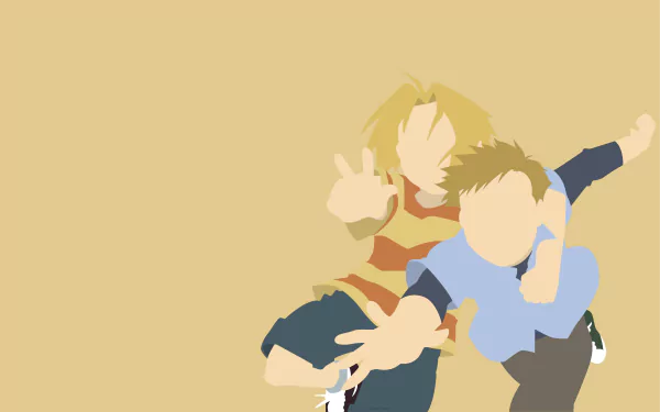 4K Ultra HD PC desktop wallpaper: stylized anime silhouettes of Edward and Alphonse Elric from Fullmetal Alchemist on a warm beige background.