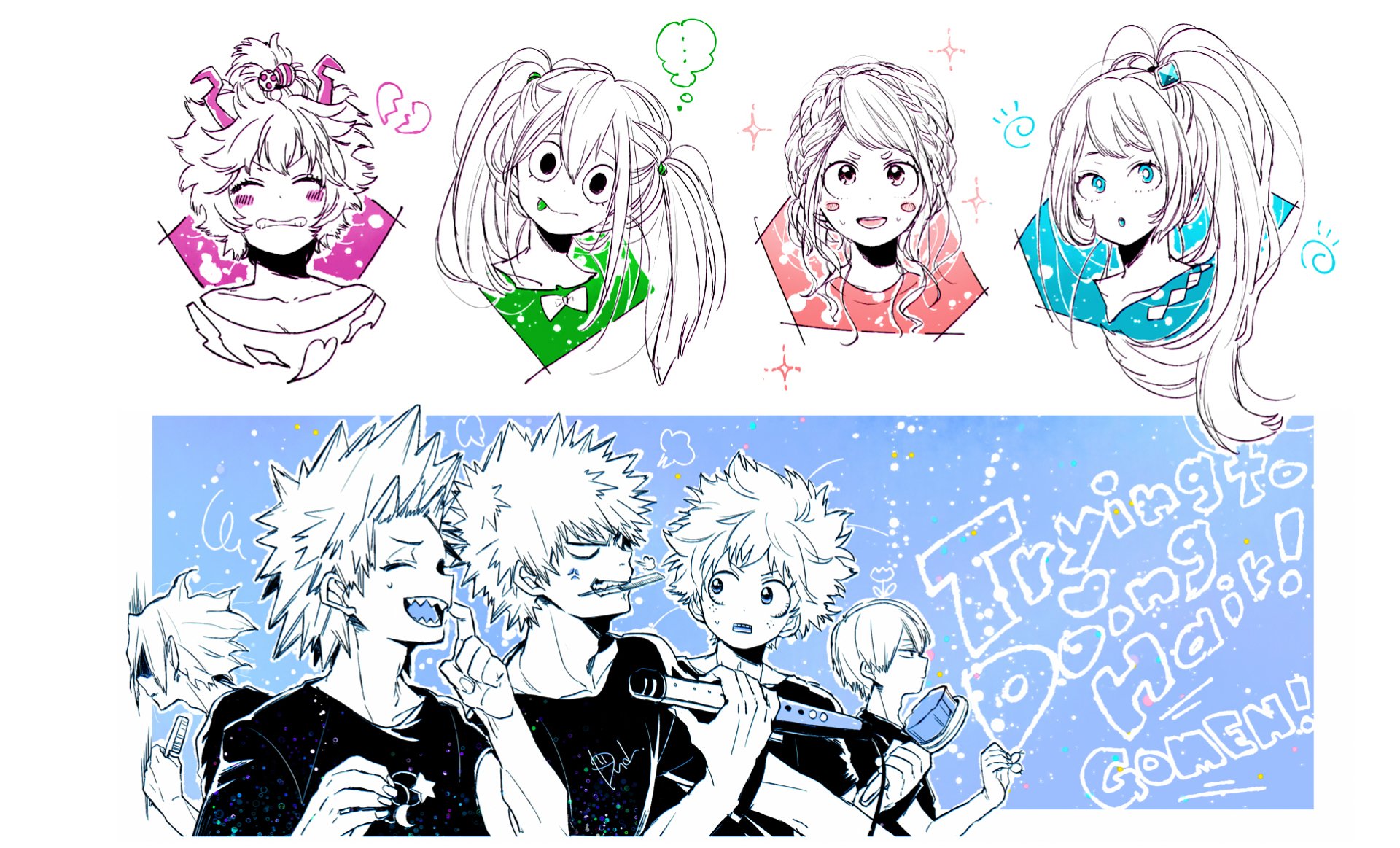 HD PC desktop wallpaper featuring colorful, stylized anime portraits and a group scene from My Hero Academia with dynamic character expressions and a playful background.