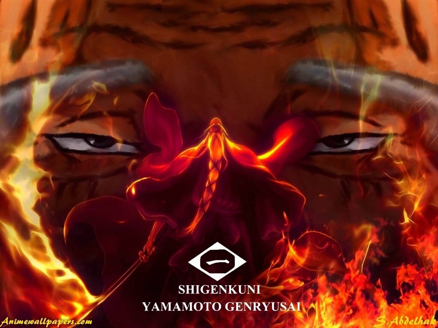 HD PC wallpaper of Genryūsai Shigekuni Yamamoto from Bleach: fiery close-up of his stern eyes above a cloaked, flaming figure wielding a sword, Shigenkuni logo at bottom.