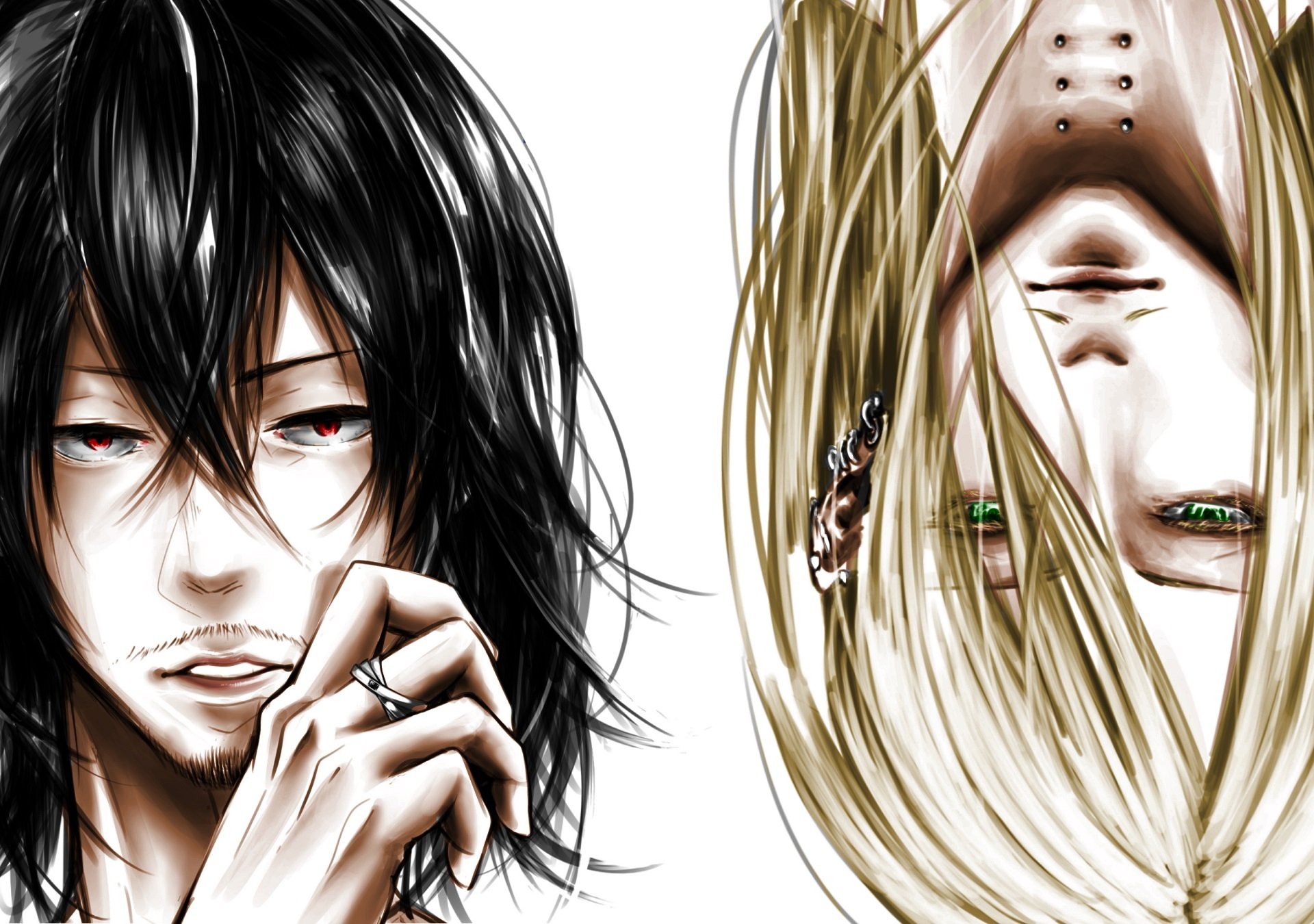HD PC wallpaper featuring detailed anime portraits of Present Mic and Shouta Aizawa from My Hero Academia, showcasing striking contrast in style and expression.