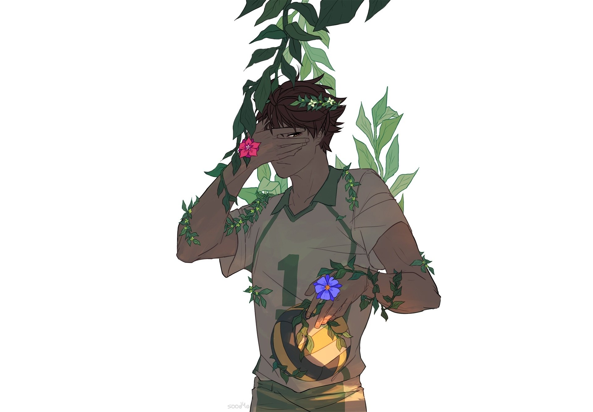 HD PC desktop wallpaper featuring an anime character from Haikyū!! surrounded by green vines and colorful flowers on a white background.
