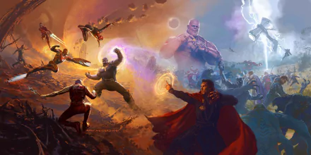 HD wallpaper of Avengers: Infinity War featuring epic battle scenes with Thanos, Hulkbuster, War Machine, Falcon, Black Panther, Nebula, Spider-Man, Star-Lord, Mantis, Captain America, Doctor Strange, and Iron Man.