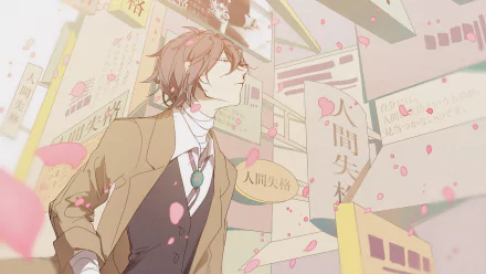 A stylish HD wallpaper featuring Osamu Dazai from the anime Bungou Stray Dogs, surrounded by vibrant signs and pink cherry blossom petals, capturing a dynamic urban atmosphere.
