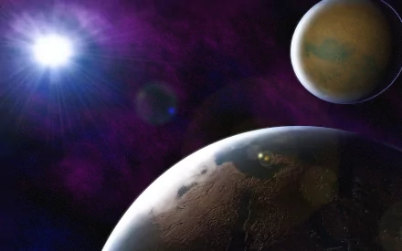 HD PC desktop wallpaper showcasing a sci-fi space scene with Earth-like planets illuminated by a bright star against a deep purple cosmic backdrop.