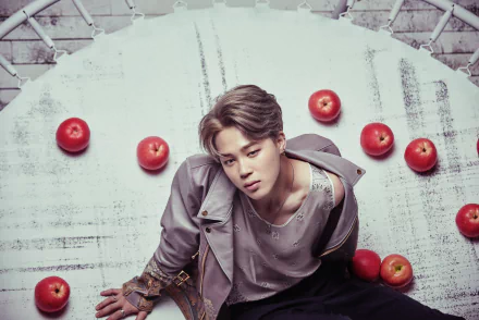 HD desktop wallpaper featuring K-pop singer Jimin from BTS, posing against a white background with scattered red apples.