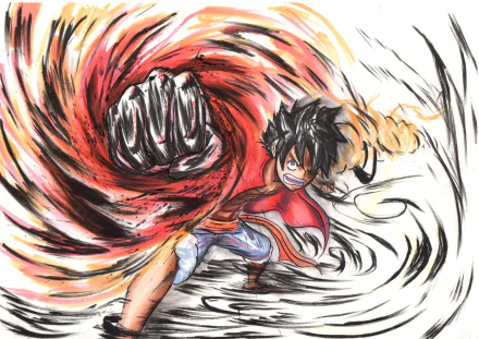 HD anime wallpaper featuring Monkey D. Luffy from One Piece unleashing a powerful fiery punch with dynamic, swirling energy effects.