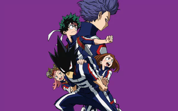 HD PC anime wallpaper of My Hero Academia characters — Izuku Midoriya, Ochaco Uraraka, Fumikage Tokoyami, Hitoshi Shinso and Hatsume Mei — dashing in UA uniforms on a purple background.