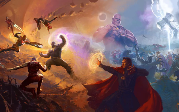 HD wallpaper of Avengers: Infinity War featuring epic battle scenes with Thanos, Hulkbuster, War Machine, Falcon, Black Panther, Nebula, Spider-Man, Star-Lord, Mantis, Captain America, Doctor Strange, and Iron Man.