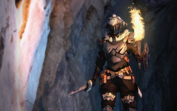 4K Ultra HD PC desktop wallpaper: Goblin Slayer anime character in armor holds a torch and dagger, standing in a dark cave with rugged rock walls, dramatic shadows and warm torchlight.