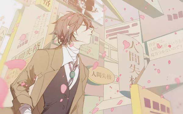 A stylish HD wallpaper featuring Osamu Dazai from the anime Bungou Stray Dogs, surrounded by vibrant signs and pink cherry blossom petals, capturing a dynamic urban atmosphere.