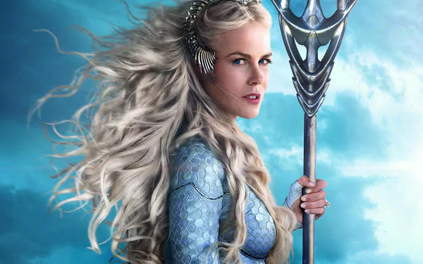 HD PC desktop wallpaper featuring Nicole Kidman as Queen Atlanna from the movie Aquaman, holding a trident against a cloudy blue sky background.