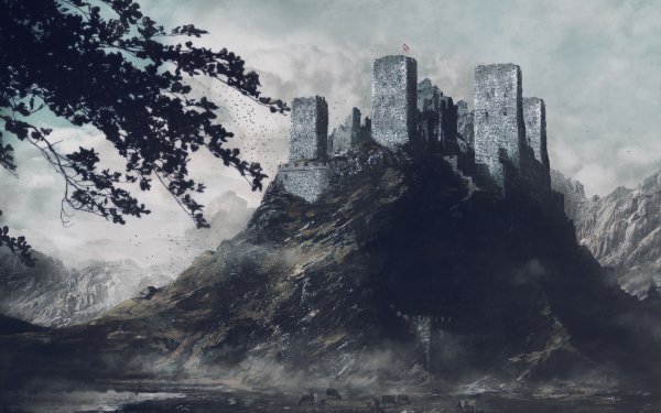 Fantasy Castle Castles Mountain Cow Fog Ruin HD Wallpaper | Background Image