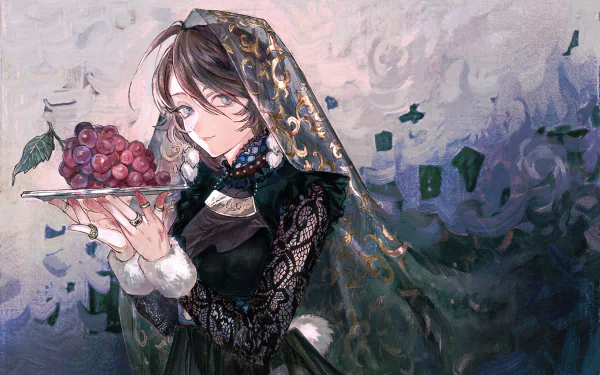 HD anime-style desktop wallpaper featuring an original character with short brown hair, blue eyes, a veil, and a ring, holding a plate of grapes and fruit.