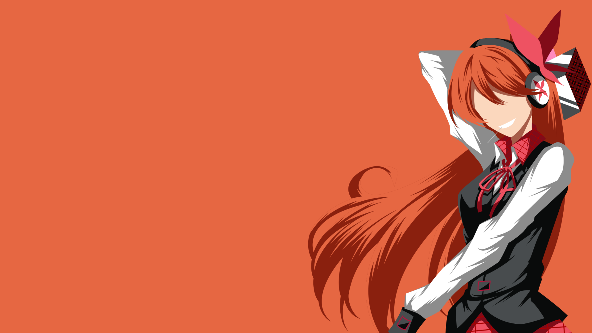 HD anime desktop wallpaper featuring Chelsea from Akame ga Kill! with vibrant red hair and a matching orange background.