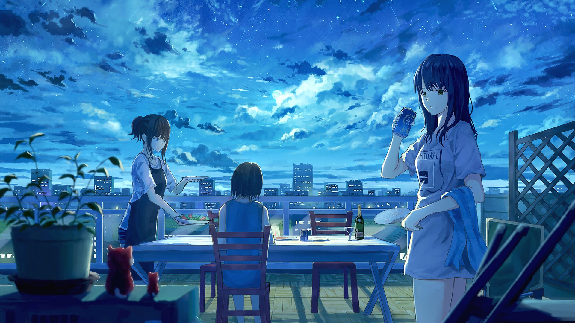 HD wallpaper of an evening sky with three anime girls with short black hair standing and sitting around a table on a rooftop, set against a backdrop of city buildings and a starry sky.