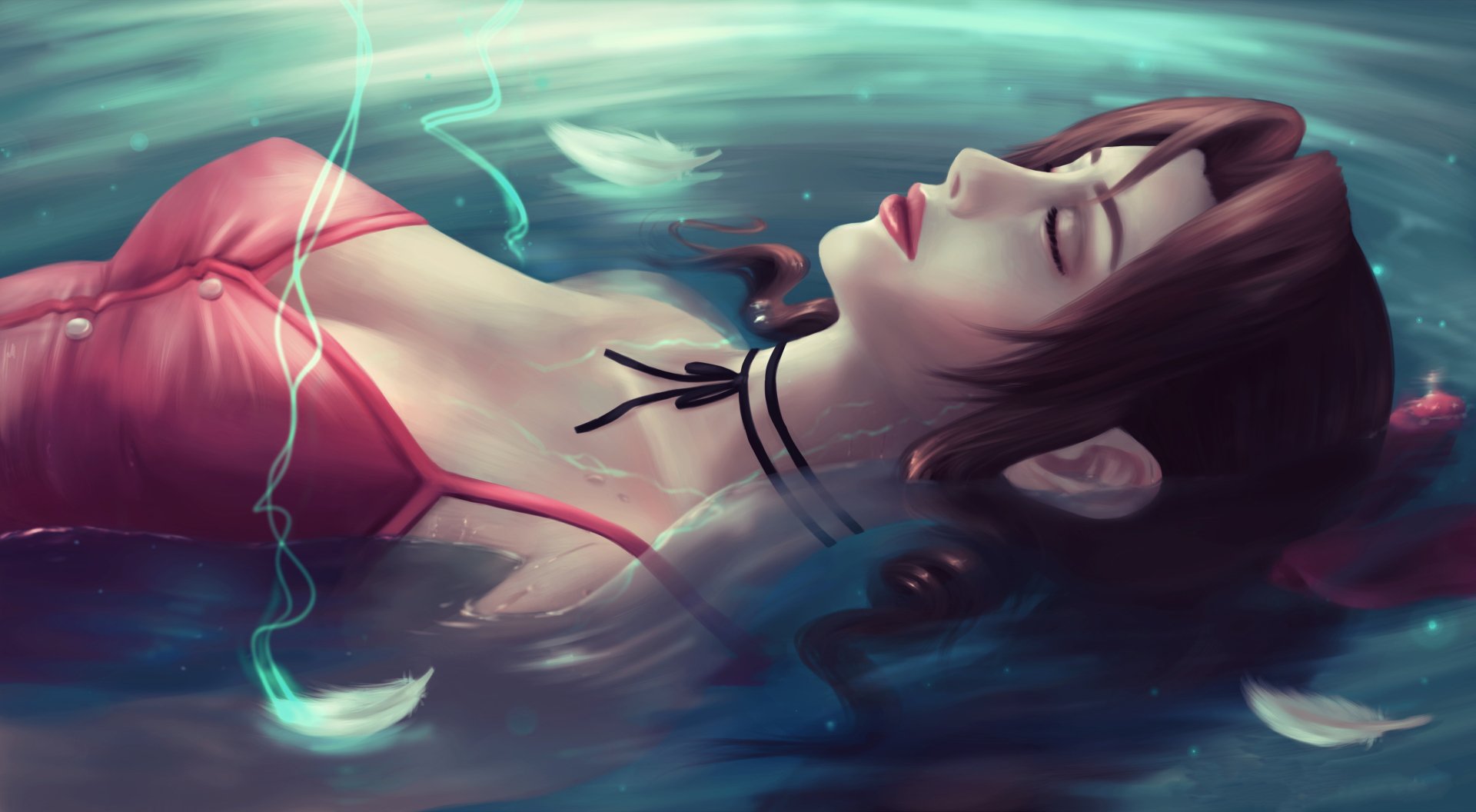 Final Fantasy IV video game 4K Ultra HD PC desktop wallpaper: a female character in a red dress and choker floats face-up in water, eyes closed, surrounded by soft glowing currents and petals.