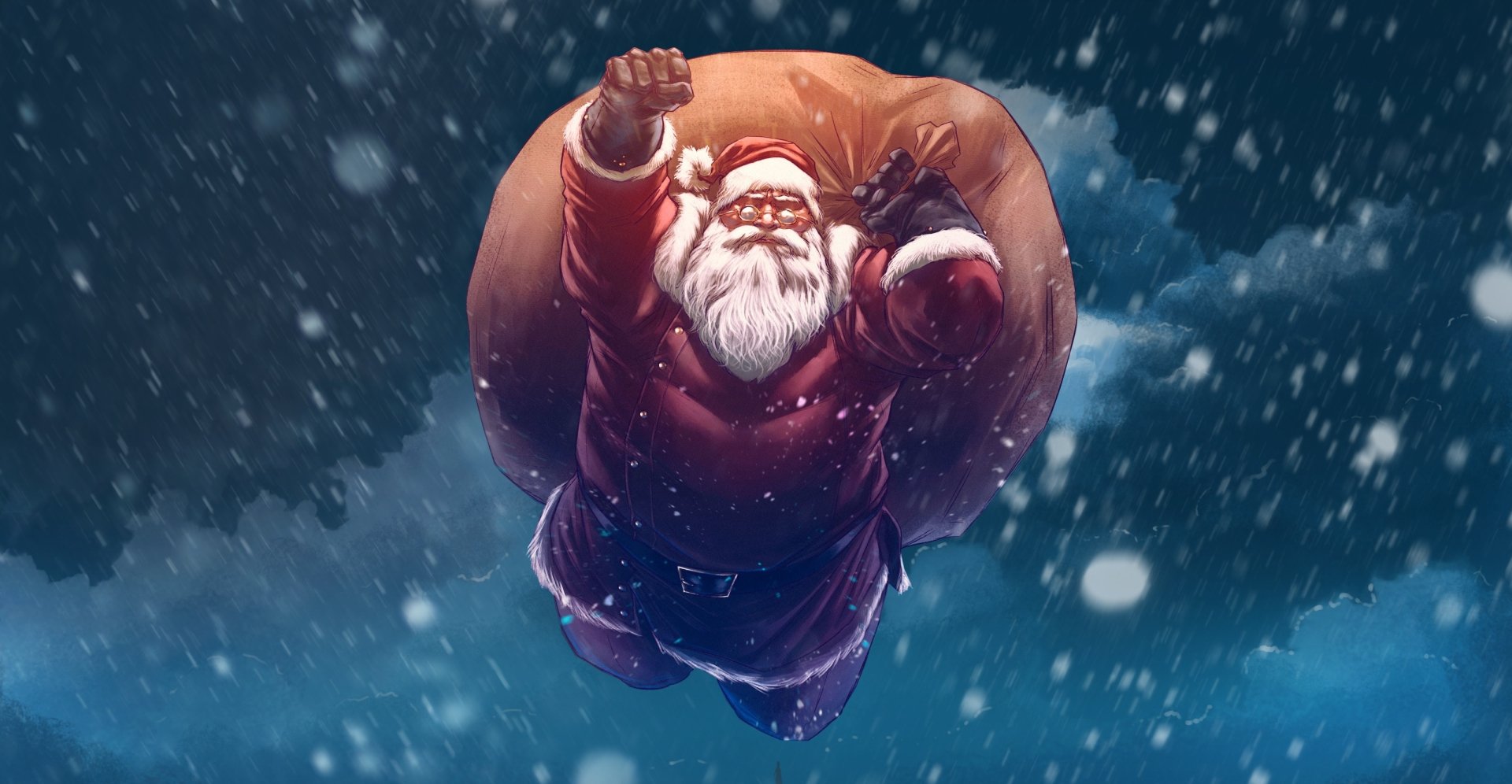 HD desktop wallpaper featuring Santa Claus joyfully holding a sack, set against a snowy, blue-toned background, celebrating the Christmas holiday spirit.