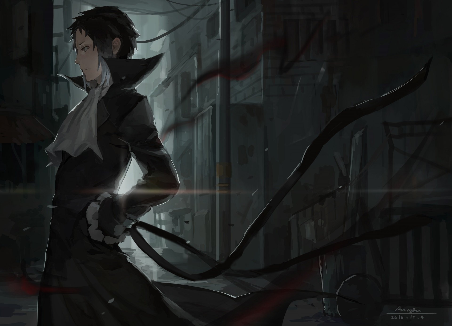 HD anime wallpaper featuring a dark, moody scene from Bungou Stray Dogs with a character standing confidently against an urban nighttime backdrop.
