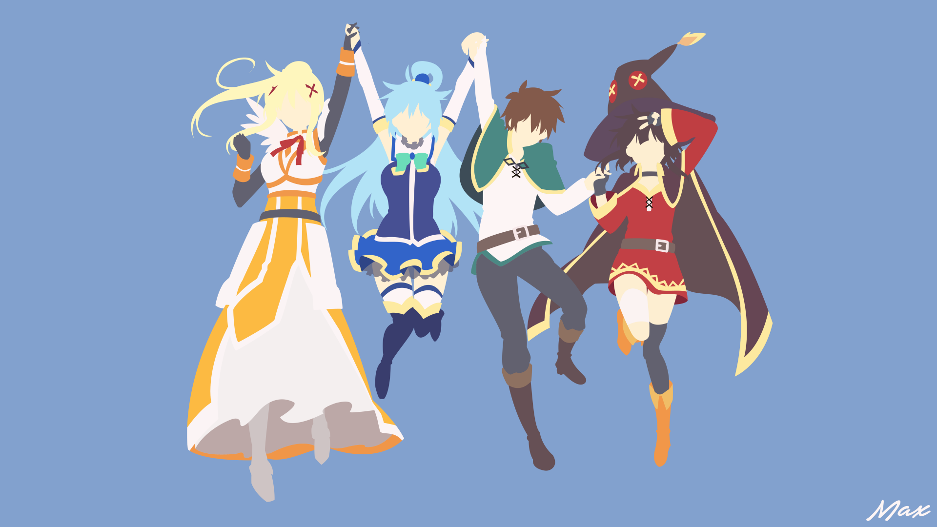 8K Ultra HD PC wallpaper from KonoSuba - God’s blessing on this wonderful world!! featuring Kazuma Satou, Aqua, Megumin and Darkness jumping hand-in-hand in a flat minimalist anime style on blue
