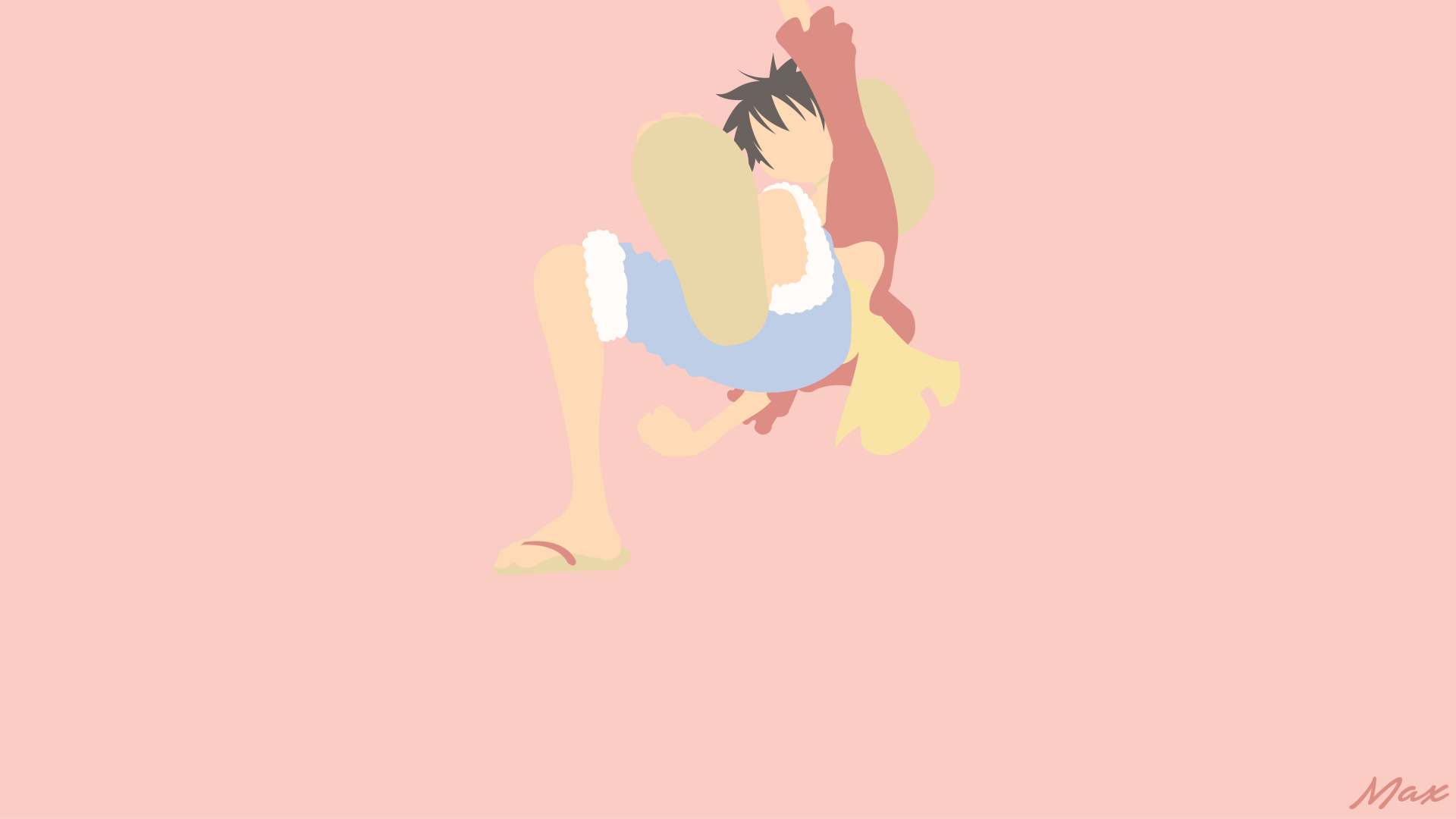 Stylized flat-art Monkey D. Luffy from One Piece leaping against a minimal pastel pink backdrop — 8K Ultra HD PC desktop wallpaper/background.
