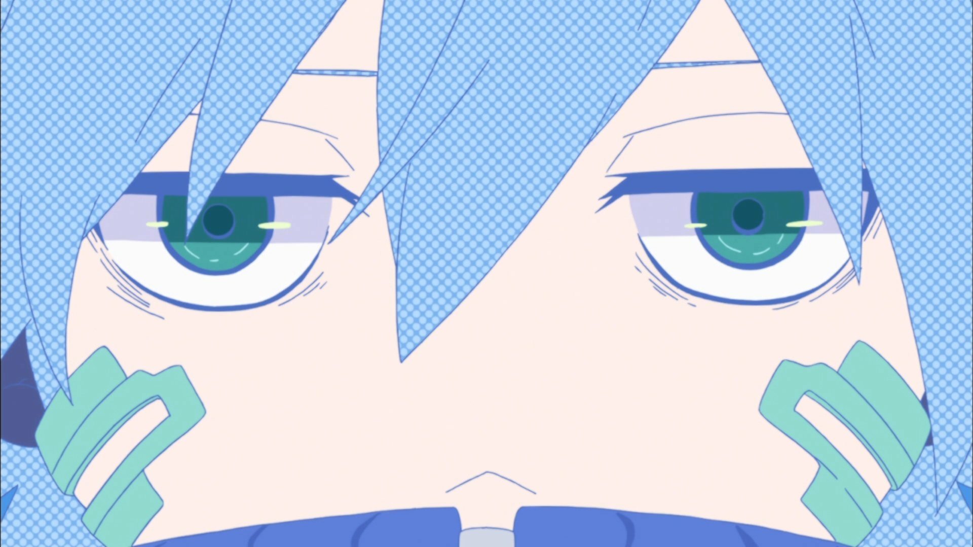 Close-up HD PC wallpaper of Takane Ene Enomoto from Kagerou Project: blue hair, green eyes, teal cyber markings on cheeks, intense forward gaze.