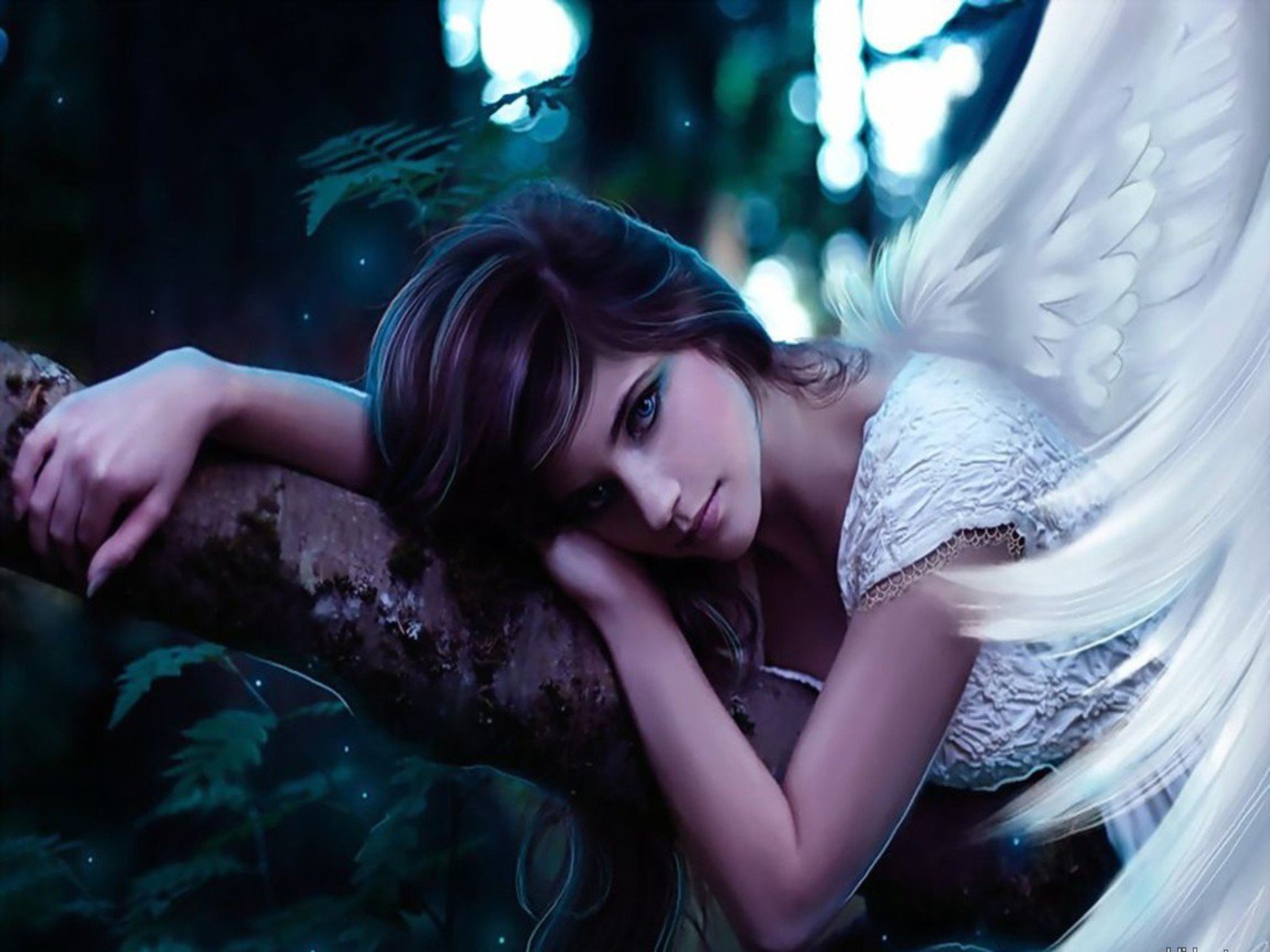 A model with angelic wings leans thoughtfully on a tree branch in a fantasy-themed setting, creating an ethereal atmosphere. HD desktop wallpaper and background.