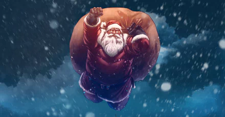 HD desktop wallpaper featuring Santa Claus carrying a large sack, soaring through a snowy night sky, evoking holiday and Christmas spirit.