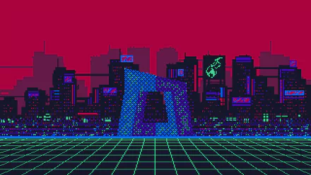 8-bit pixel art HD wallpaper featuring a neon-lit retro cityscape with a grid foreground and a leaping silhouette between buildings.