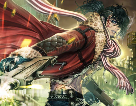 Anime HD PC desktop wallpaper of Gang Road Joker: dark-haired masked rebel in a red fur-collared coat and striped scarf lunges with an oversized gun against a neon cityscape backdrop.