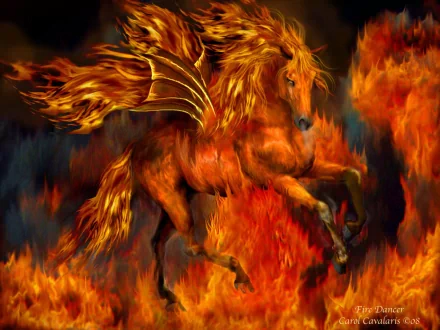 A stunning fantasy creature, a fiery horse with wings, gallops through flames, creating a captivating HD desktop wallpaper and background.