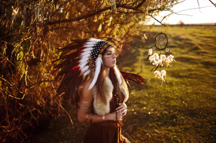 dreamcatcher feather headband redhead model woman native american HD Desktop Wallpaper | Background Image