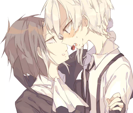 4K Ultra HD anime wallpaper of Ryūnosuke Akutagawa and Atsushi Nakajima (Bungou Stray Dogs), close-up intimate near-kiss pose with soft palette, PC desktop background.