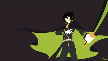 Yūichirō Hyakuya from Seraph of the End, depicted in a dynamic pose with a green cape and sword, designed as an 8K Ultra HD anime desktop wallpaper.