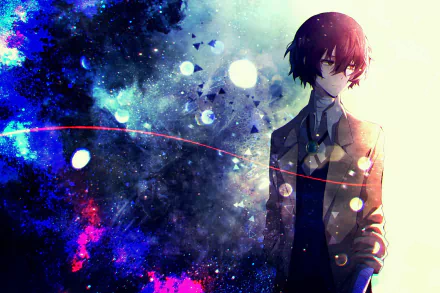 HD desktop wallpaper of Bungou Stray Dogs anime, featuring a character with dark hair against a colorful, cosmic background.