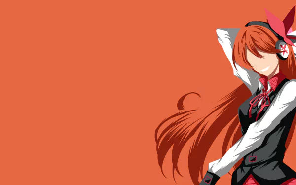 HD anime desktop wallpaper featuring Chelsea from Akame ga Kill! with vibrant red hair and a matching orange background.