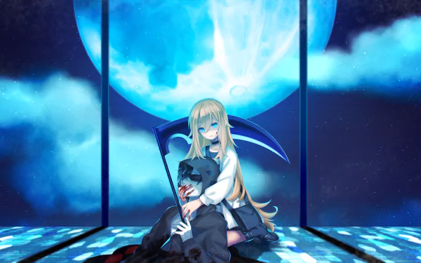 Anime-style 4K Ultra HD wallpaper featuring Zack and Rachel Gardner from Angels of Death under a large glowing blue moon.