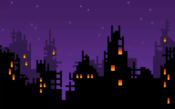HD pixel art desktop wallpaper featuring an 8-bit style nighttime cityscape with purple sky and lit windows.