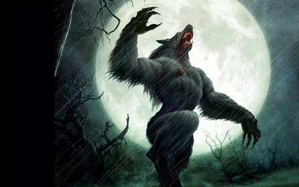 HD desktop wallpaper depicting a roaring werewolf under a full moon in a dark, rainy night, with bare trees in the background.