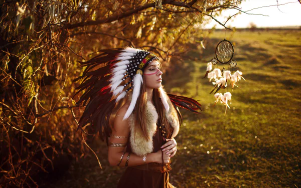 dreamcatcher feather headband redhead model woman native american HD Desktop Wallpaper | Background Image