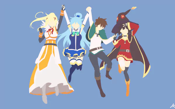 8K Ultra HD PC wallpaper from KonoSuba - God’s blessing on this wonderful world!! featuring Kazuma Satou, Aqua, Megumin and Darkness jumping hand-in-hand in a flat minimalist anime style on blue