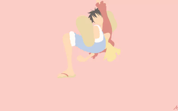 Stylized flat-art Monkey D. Luffy from One Piece leaping against a minimal pastel pink backdrop — 8K Ultra HD PC desktop wallpaper/background.