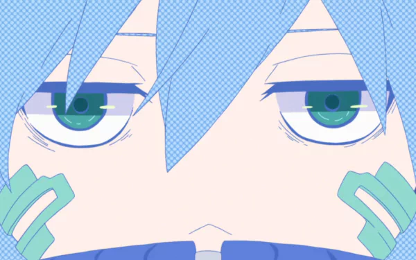 Close-up HD PC wallpaper of Takane Ene Enomoto from Kagerou Project: blue hair, green eyes, teal cyber markings on cheeks, intense forward gaze.