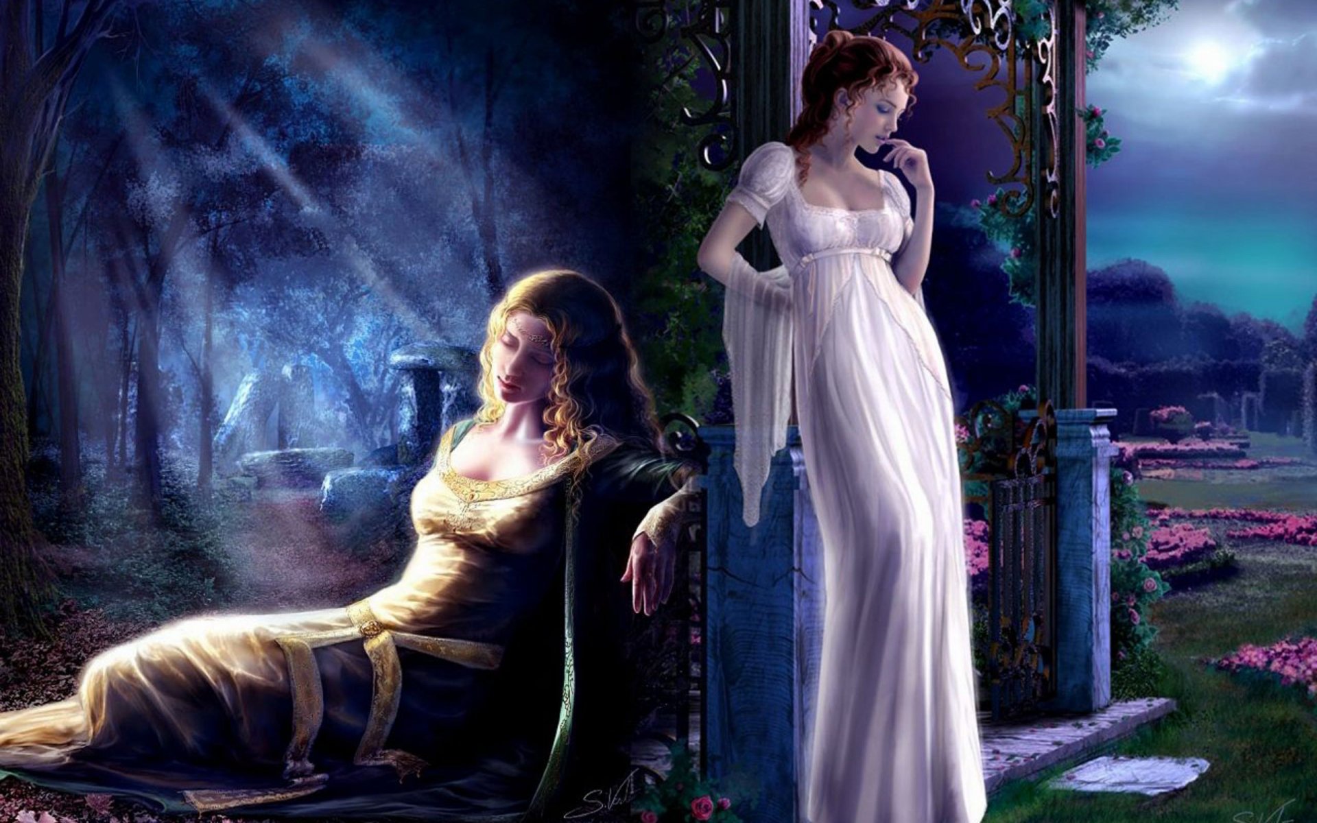 A captivating fantasy-themed HD wallpaper featuring two enchanting women: one in a flowing gown amidst a mystical garden, and another reclining in an ethereal setting.