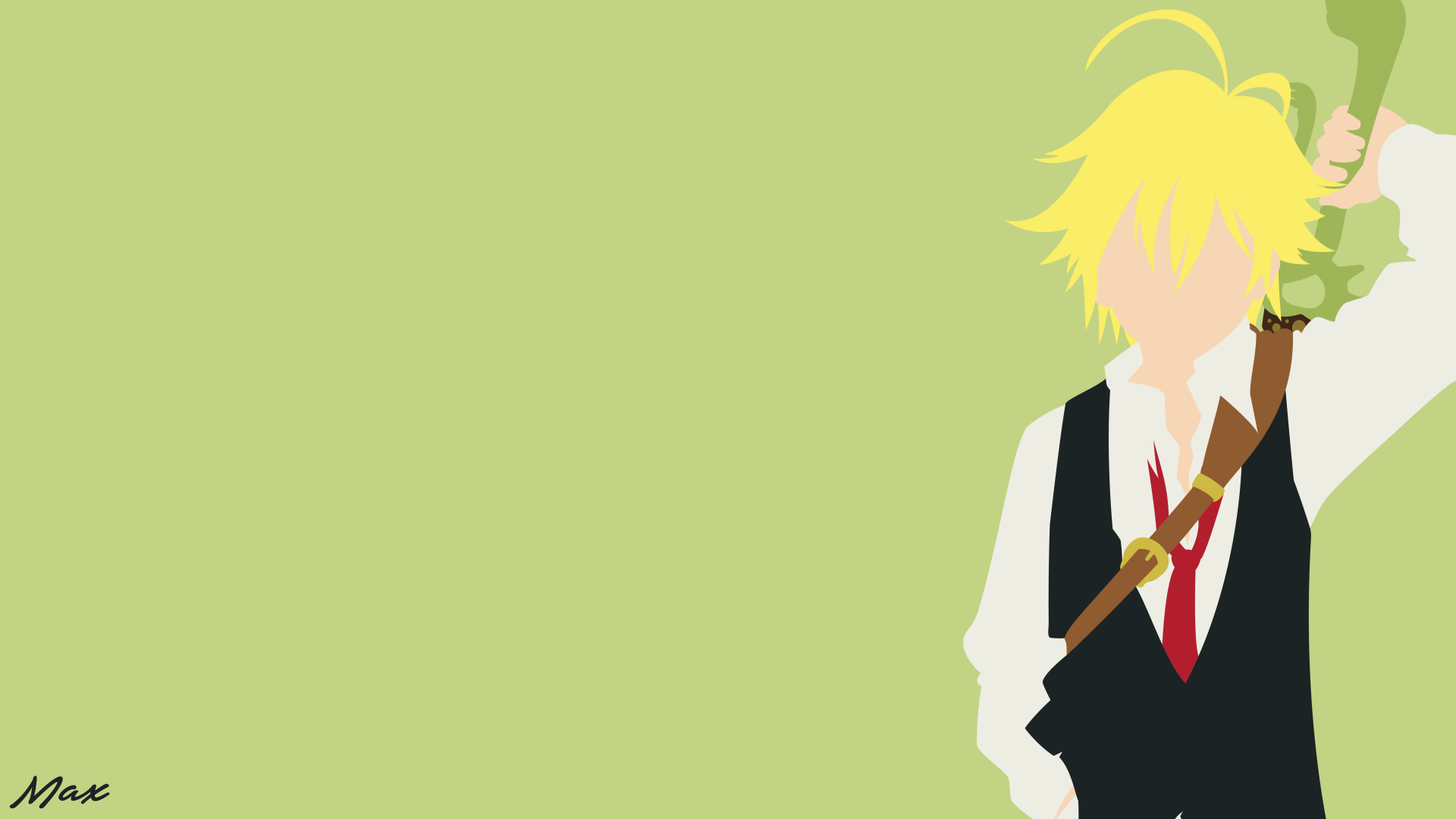 8K Ultra HD anime wallpaper: minimalist, faceless Meliodas (The Seven Deadly Sins) in vest and red tie, sword slung over shoulder against a pale green background.