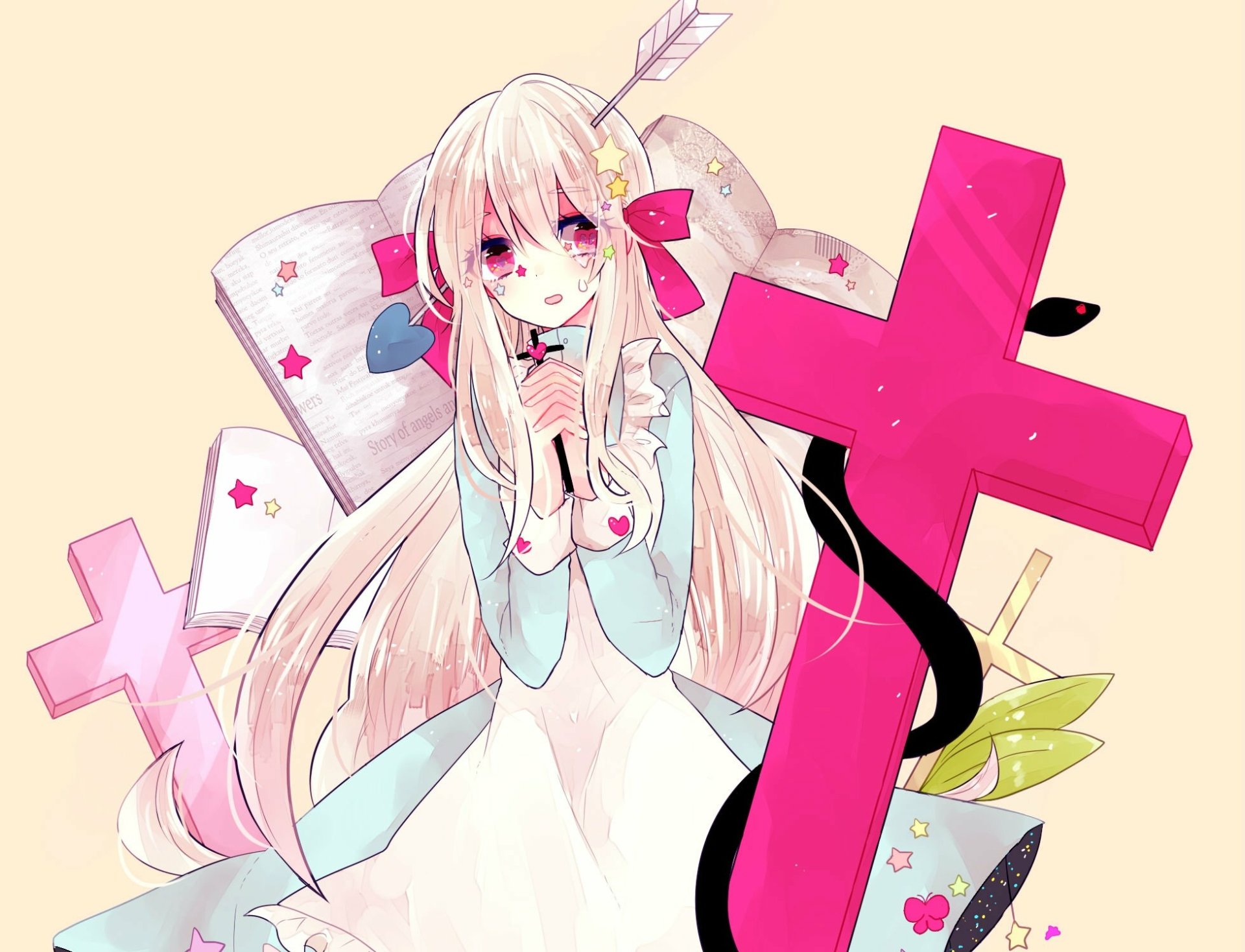HD PC desktop wallpaper of Marry Kozakura (Kagerou Project): pink anime girl with long pale hair, holding a finger to her lips amid oversized pink crosses and pastel background accents.