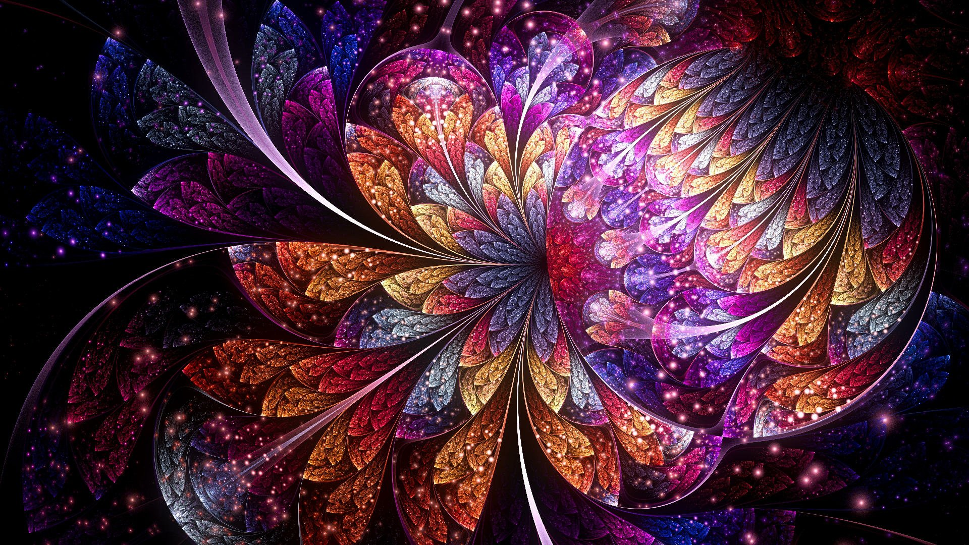 Vivid abstract fractal design with swirling, colorful patterns in rich purples, reds, and golds, designed as an HD PC desktop wallpaper and background.